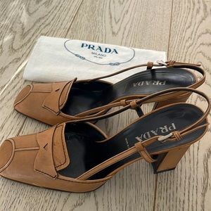 Authentic Prada light brown leather slingback pumps. Size 38.